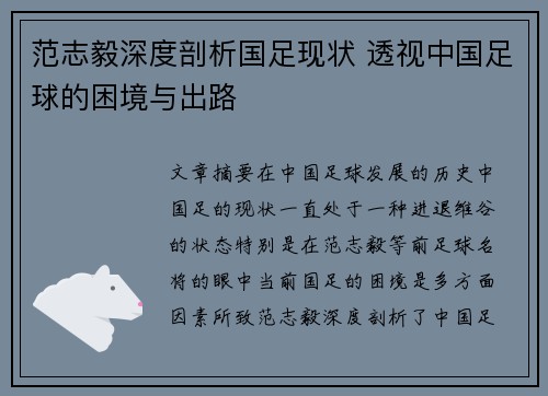 范志毅深度剖析国足现状 透视中国足球的困境与出路