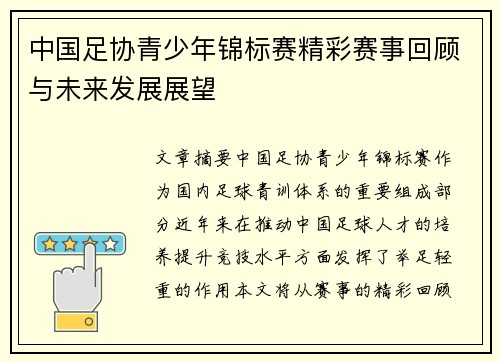 中国足协青少年锦标赛精彩赛事回顾与未来发展展望