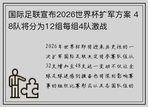 国际足联宣布2026世界杯扩军方案 48队将分为12组每组4队激战 国际足联宣布2026世界杯扩军方案 48队将分为12组每组4队激战